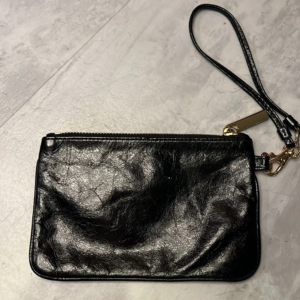Tory Burch Wristlet wallet Black genuine crinkled leather  Gold tone accents EUC